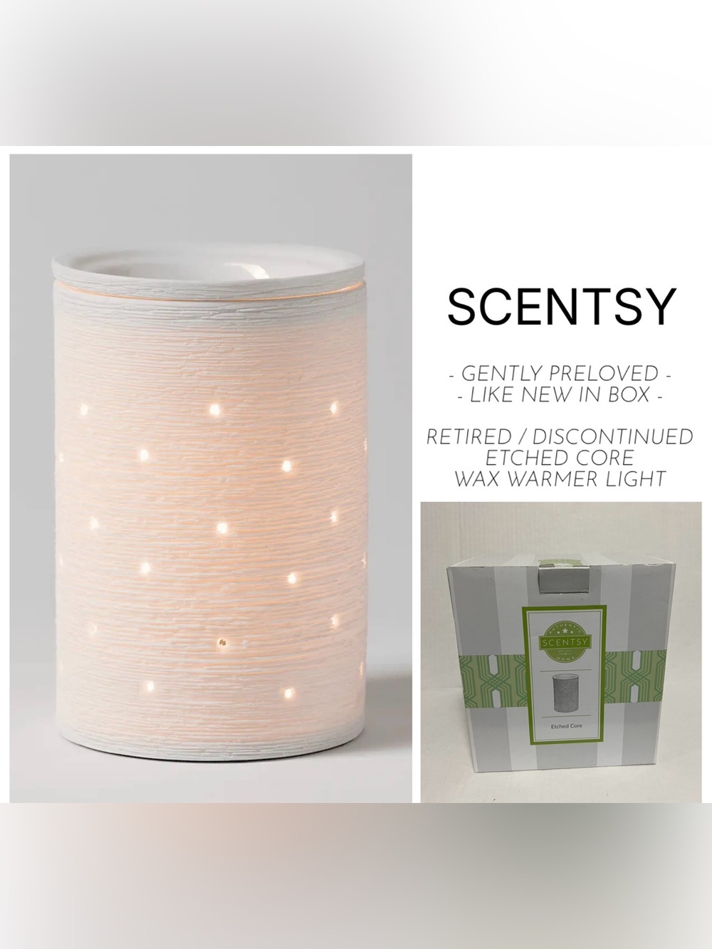 SCENTSY - LIKE NEW / GENTLY PRELOVED - IN BOX - ETCHED CORE WAX WARMER LIGHT